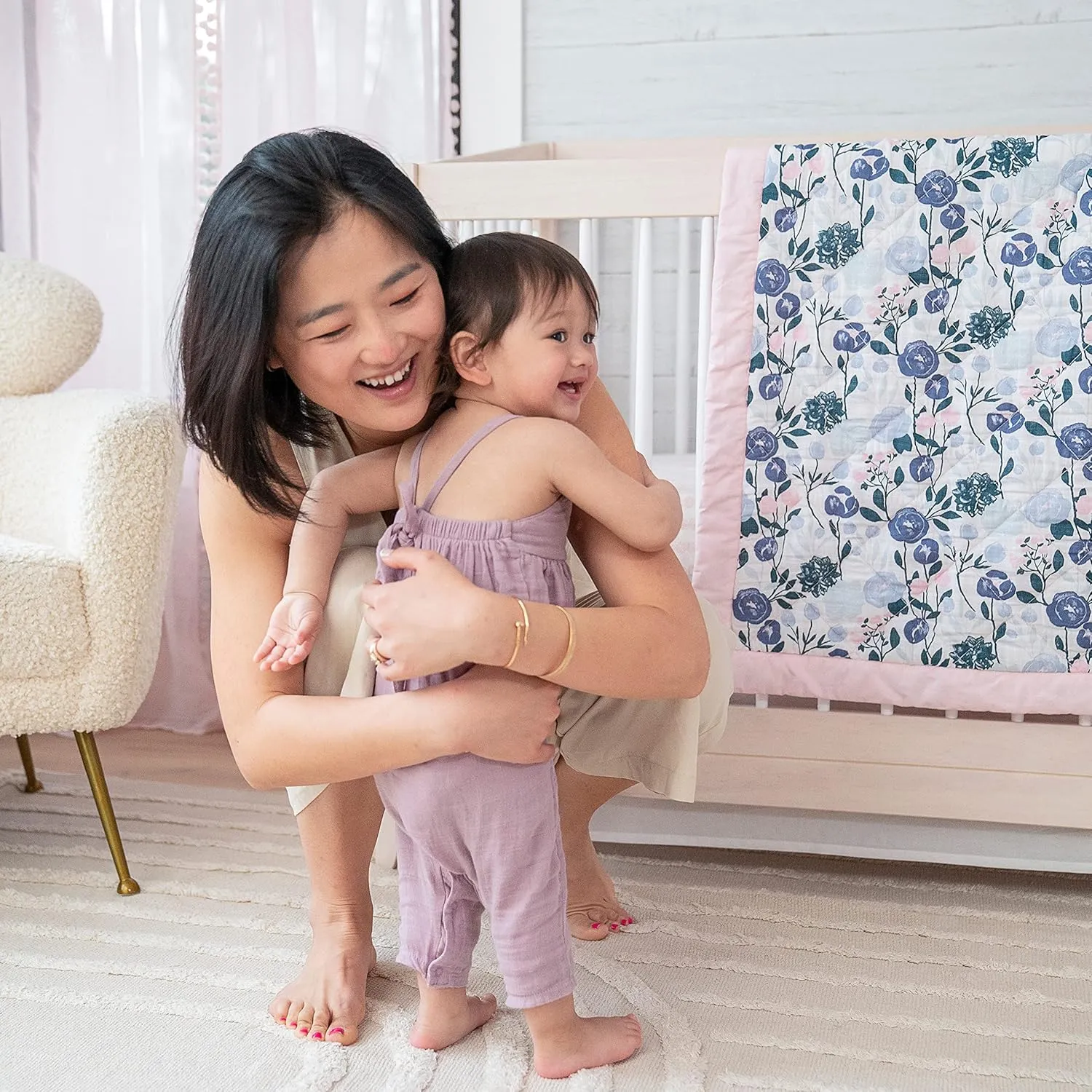 aden   anais Essentials 3-Piece Crib Bedding Set, Baby Bedding Bundle, Cotton Blanket, Crib Sheet, Crib Skirt, Flowers Bloom