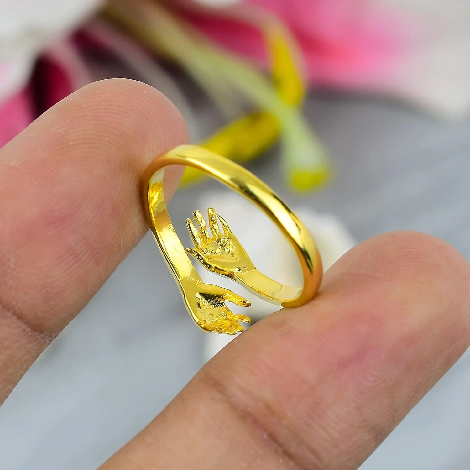 Adjustable Double Hand Ring with Sapphire Accents, Sterling Silver and Gold Plated Band