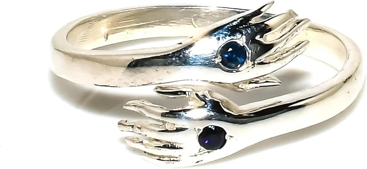 Adjustable Double Hand Ring with Sapphire Accents, Sterling Silver and Gold Plated Band
