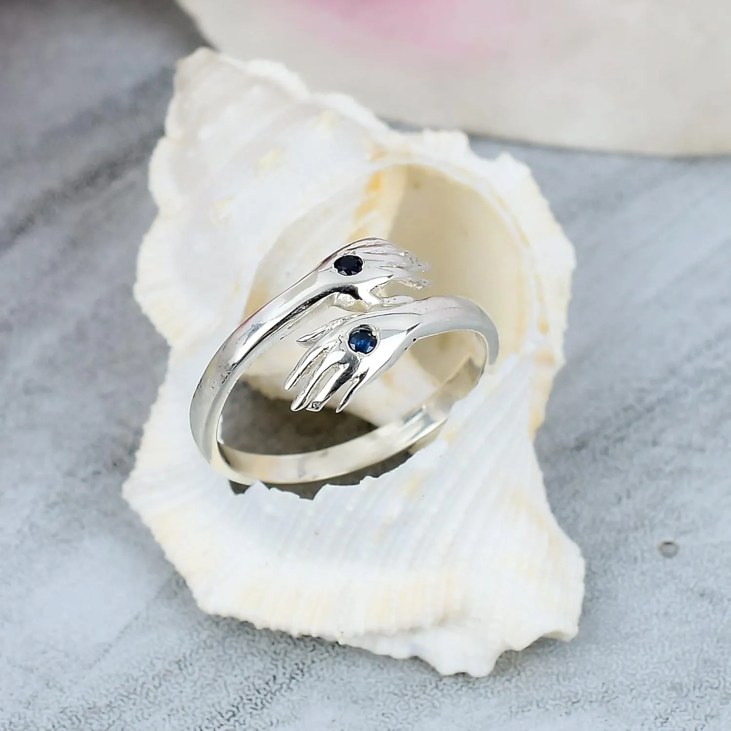 Adjustable Double Hand Ring with Sapphire Accents, Sterling Silver and Gold Plated Band