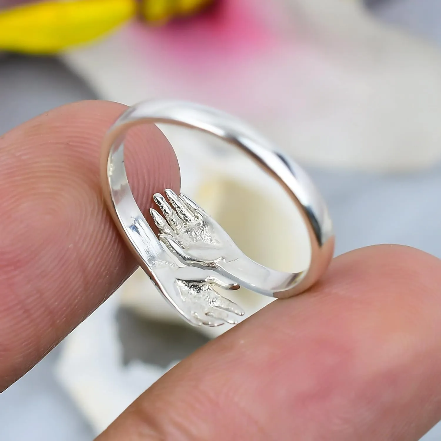 Adjustable Double Hand Ring with Sapphire Accents, Sterling Silver and Gold Plated Band