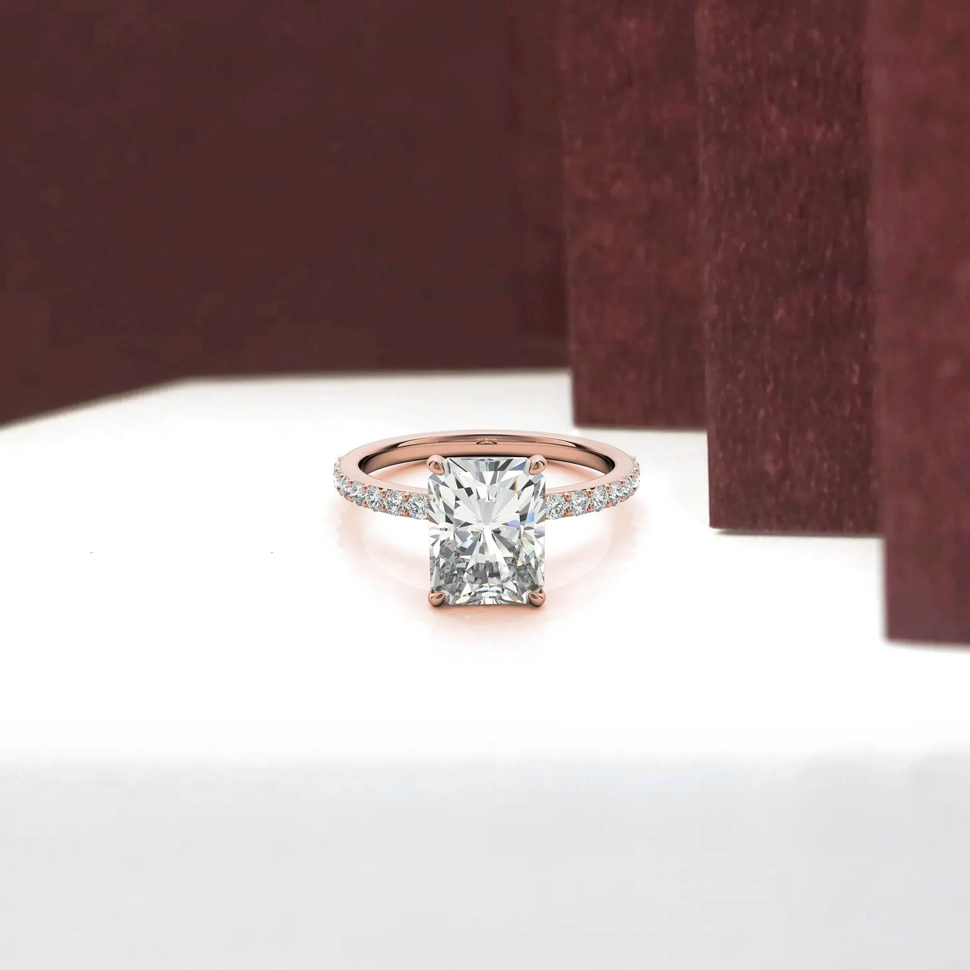 Adjustable Engagement Sterling Silver Rose Gold Radiant Cut with Hidden Halo Design  Ring For Woman
