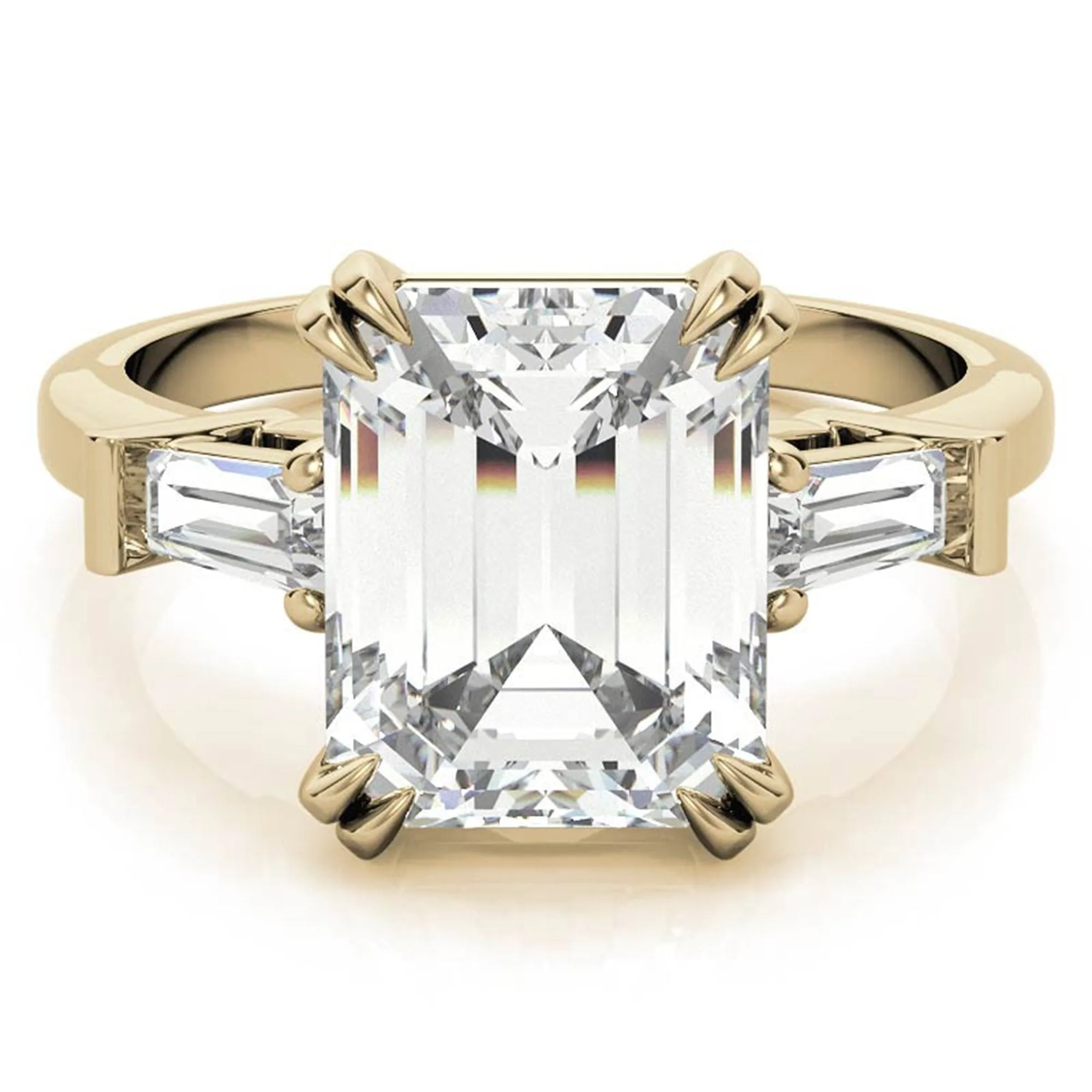 Adjustable Engagement Sterling Silver Yellow Gold Three-Stone Emerald-Cut with Baguette Ring For Woman