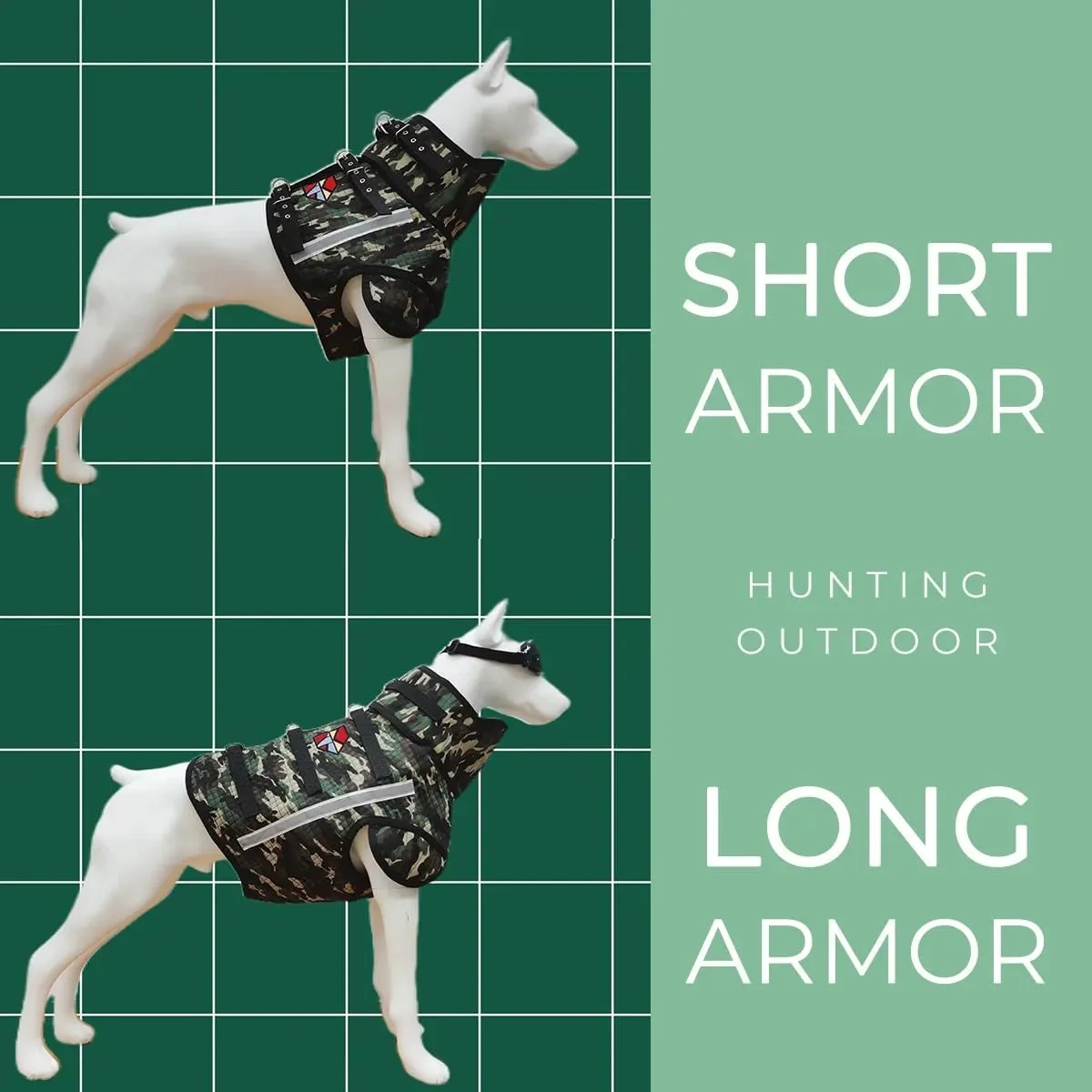 Adjustable Hunting Dog Vest with Collar Protection, Reflective Security Dog Clothes (Long Armor, M)