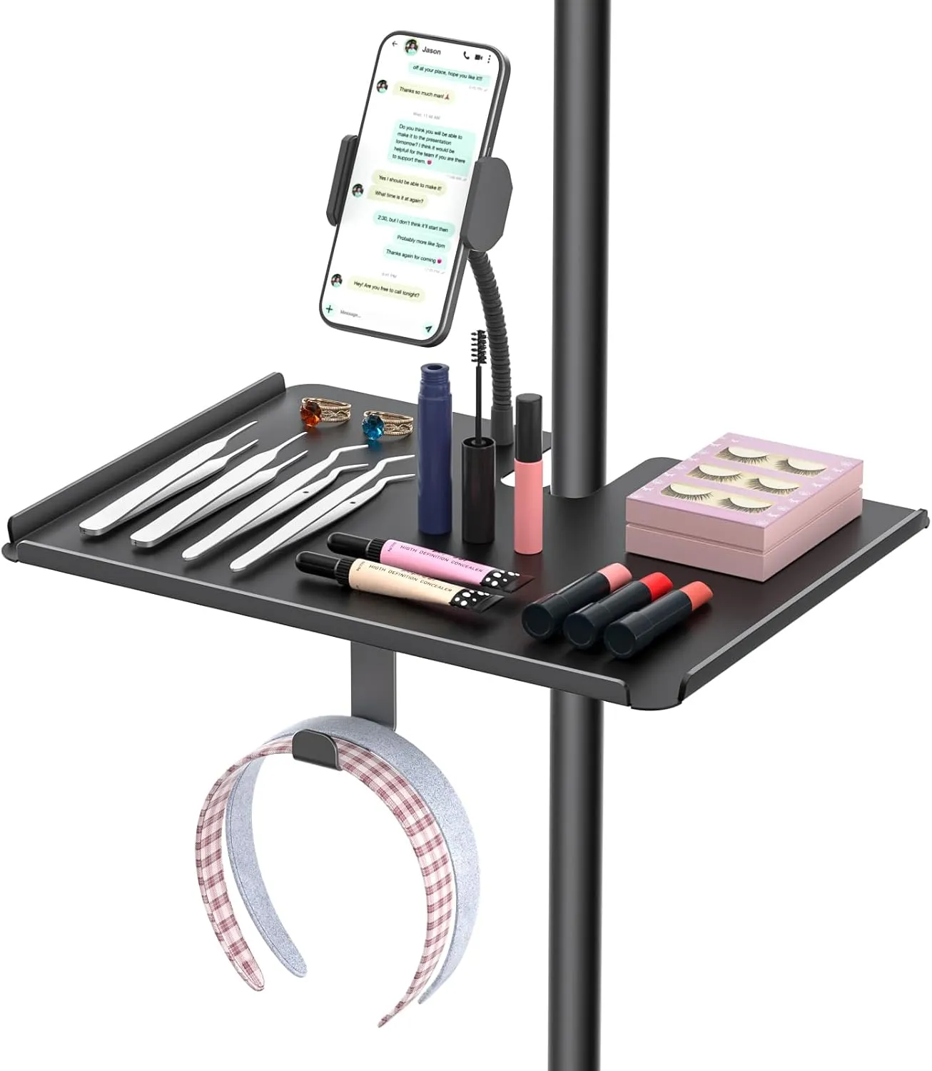 Adjustable Metal Lash Tray Holder for Ring Light & Lash Techs - Clip-On Organizer Tray with Phone Holder, Mirror Hook & Height Control for Eyelash Extensions Supplies (Salon/Home Use)