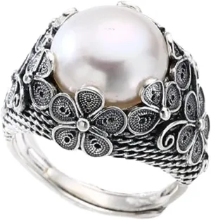 Adjustable Pearl Ring for Women Vintage Flower Ring Gift for Her Retro Wedding Engagement Ring White Pearl Rings for Women Promise Ring