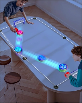 Adjustable Tabletop Air Hockey Game – Battery-Free Fun with Flexible Boundaries! Hover Puck Set with 2 Pushers, 2 Mini Goals & Elastic Ropes – Indoor/Outdoor Hockey Toy for Kids & Families