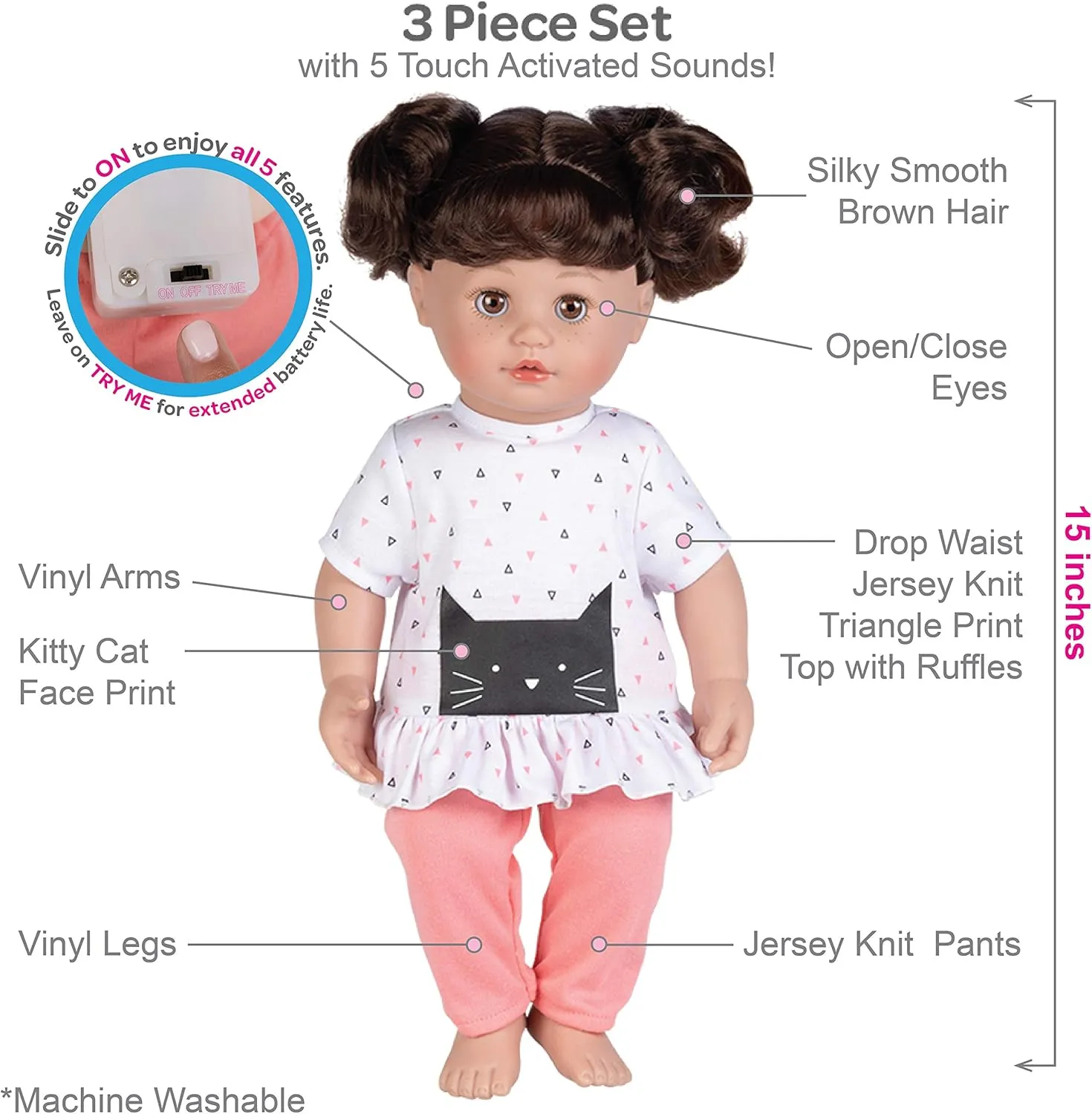 Adora My Cuddle & Coo Babies Collection, 15" Baby Doll with Sweet Powder Scent and 5 Touch Activated Sounds: She Cries, Coos, Giggles, Kisses Back & Says Momma Birthday Gift For Ages 3  - Kitty Kisses