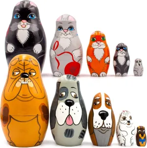 AEVVV Animals Nesting Dolls Set of 10 pcs - Cat Nesting Dolls - Dog Nesting Dolls - Gifts for Dog Lovers - Wooden Cat Gifts for Cat Lovers - Cat Decor