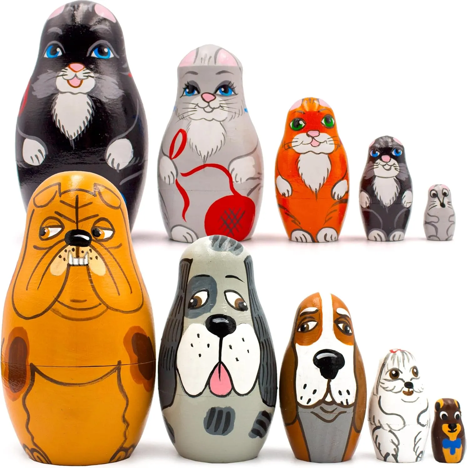 AEVVV Animals Nesting Dolls Set of 10 pcs - Cat Nesting Dolls - Dog Nesting Dolls - Gifts for Dog Lovers - Wooden Cat Gifts for Cat Lovers - Cat Decor