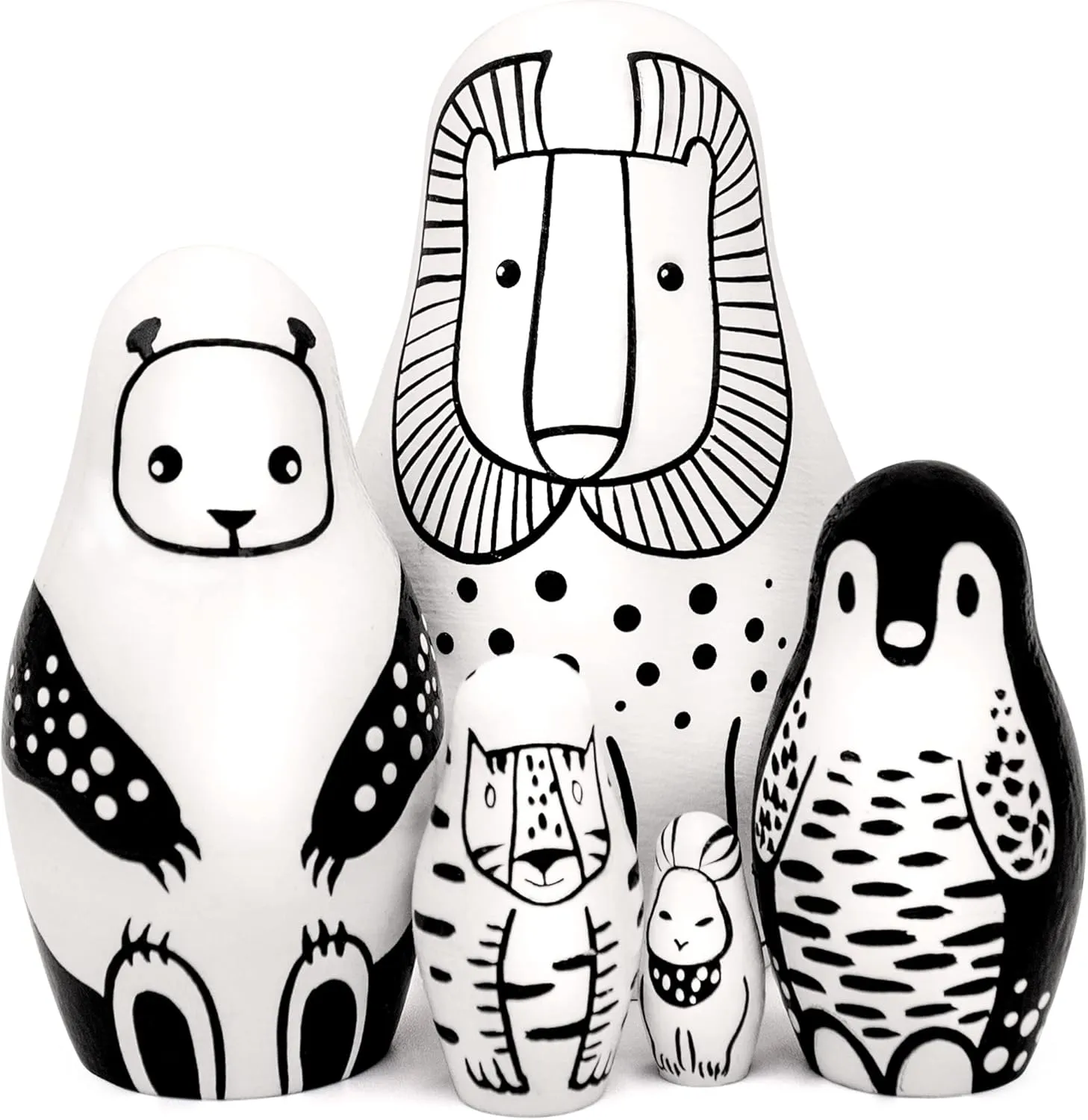 AEVVV Black and White Animals Nesting Dolls Set of 5 pcs - Russian Dolls - Black and White Toys - Wooden Stacking Animals - Black and White Nursery Decor