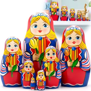 AEVVV Russian Matryoshka Dolls Set of 7 pcs - Nesting Dolls in Dutch Traditional Dress with Tulip Flowers - Hand Painted Baboushka Nesting Dolls with Tulips
