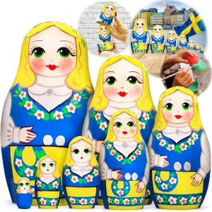 AEVVV Russian Matryoshka Dolls Set of 7 pcs - Nesting Dolls in Swedish Traditional Costume - Hand Painted Baboushka Nesting Dolls in Swedish Dress Costume
