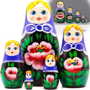 AEVVV Russian Nesting Dolls Set of 5 pcs - Russian Doll in Purple Head Scarf and Sarafan with Poppies Bouquet - Poppy Flower Decorations - Red Poppy Decor