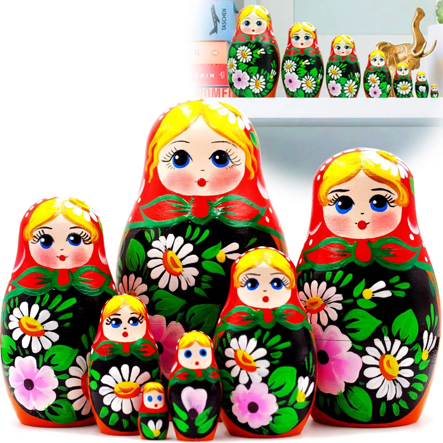 AEVVV Russian Nesting Dolls Set of 7 pcs - Matryoshka Doll with Hand Painted Bouquet of Lily and Daisy Flowers - Flower Summer Decorations