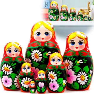 AEVVV Russian Nesting Dolls Set of 7 pcs - Matryoshka Doll with Hand Painted Bouquet of Lily and Daisy Flowers - Flower Summer Decorations