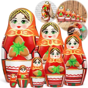 AEVVV Russian Nesting Dolls Set of 7 pcs - Matryoshka Nesting Dolls in Orange Dress and Head Scarf with Hazelnuts