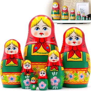 AEVVV Russian Nesting Dolls Set of 7 pcs - Russian Matryoshka Doll in Hand Painted Red Head Scarf and Green Sundress - Handmade Russian Dolls Nesting Dolls