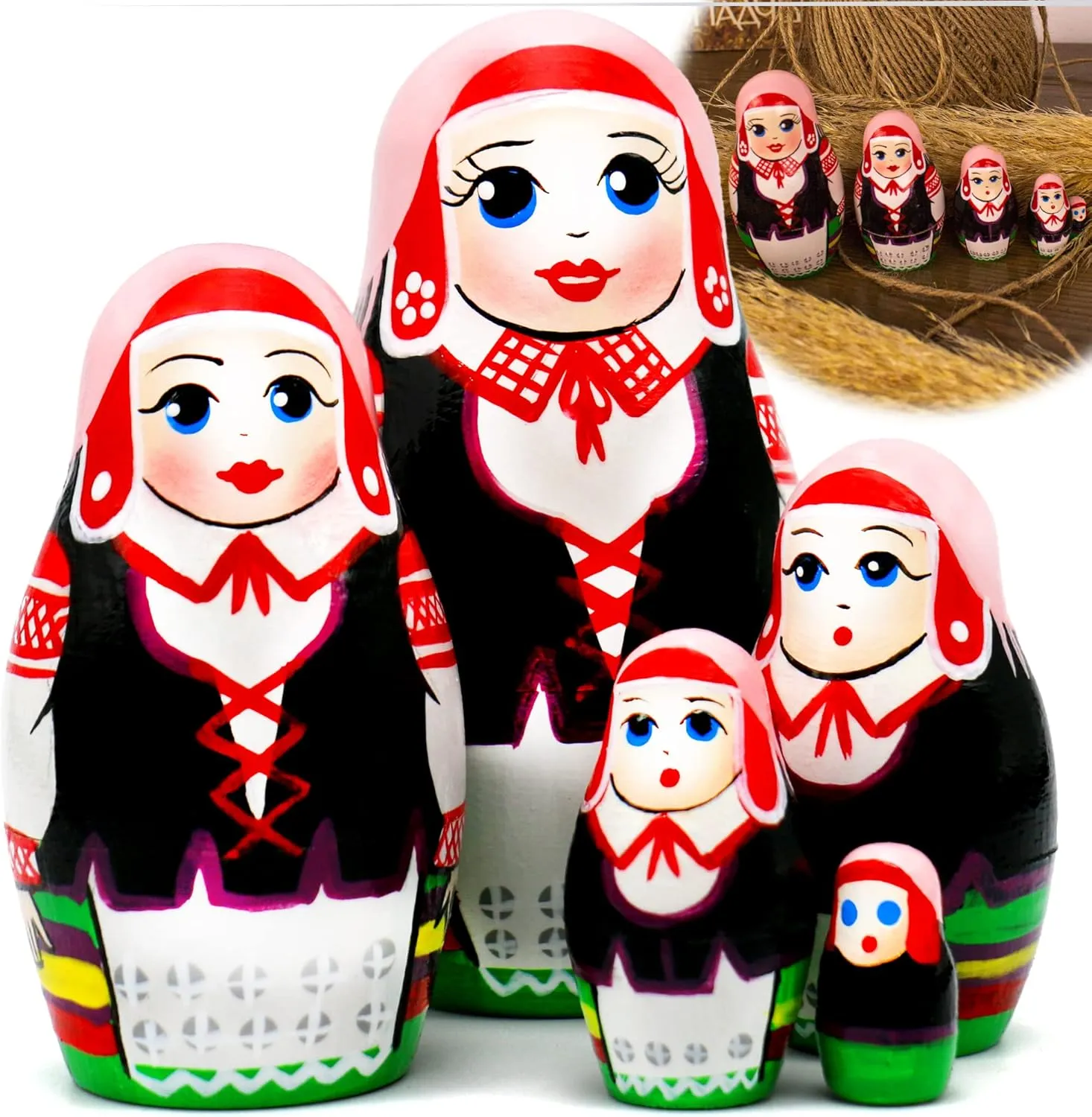 AEVVV Traditional Belarussian Nesting Dolls in Folk Dress Set of 5 pcs - Russian Matryoshka Dolls in Slavic Clothes with Ornaments