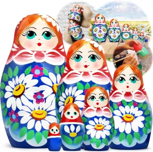 AEVVV Traditional Russian Nesting Dolls Set 6 pcs - Russian Doll with Hand Painted Chamomile Flowers - Matryoshka Dolls Flower Decorations - Russian Gifts