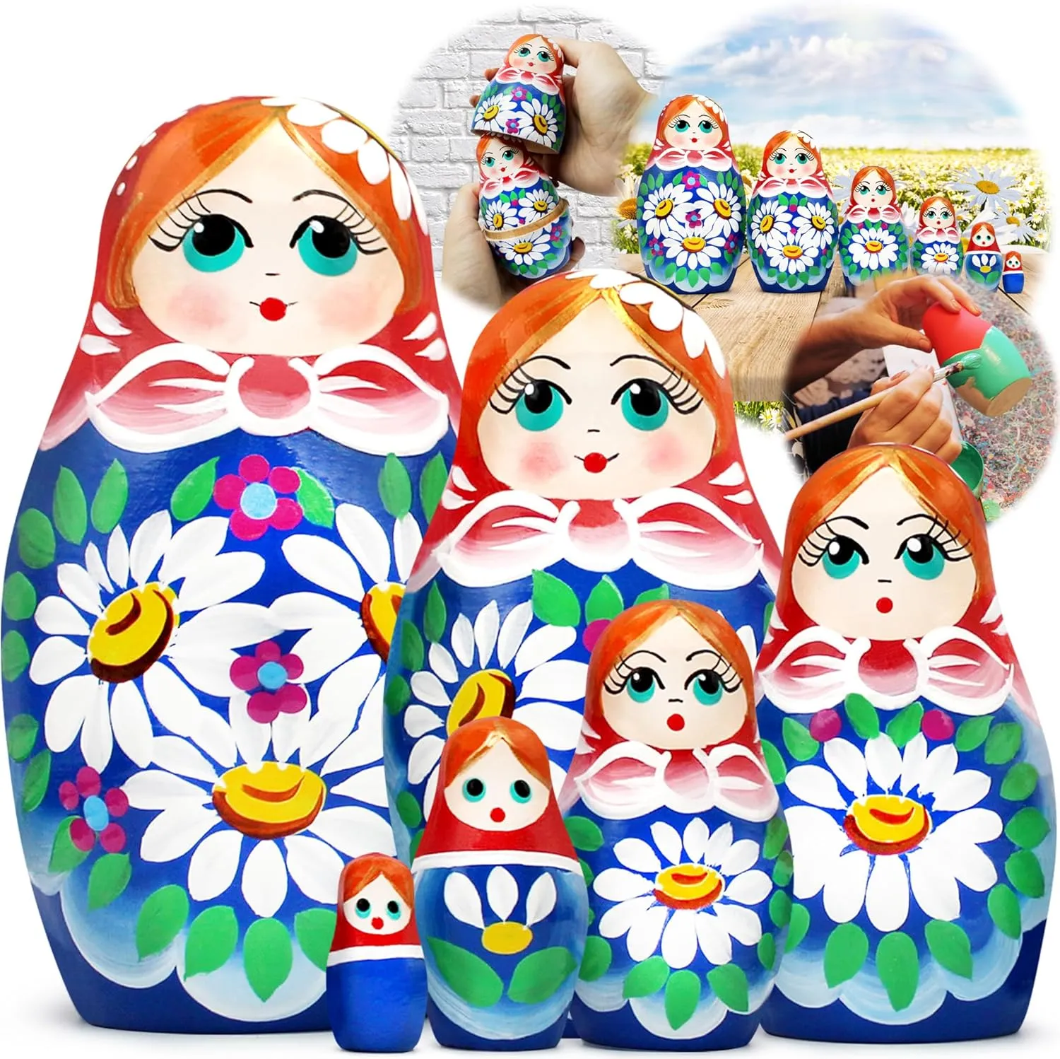 AEVVV Traditional Russian Nesting Dolls Set 6 pcs - Russian Doll with Hand Painted Chamomile Flowers - Matryoshka Dolls Flower Decorations - Russian Gifts