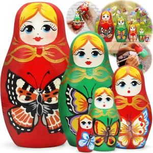 AEVVV Wooden Butterfly Nesting Dolls Set of 5 pcs - Red Green Russian Dolls with Butterfly Decorations - Babushka Matryoshka Dolls Butterfly Gifts for Women