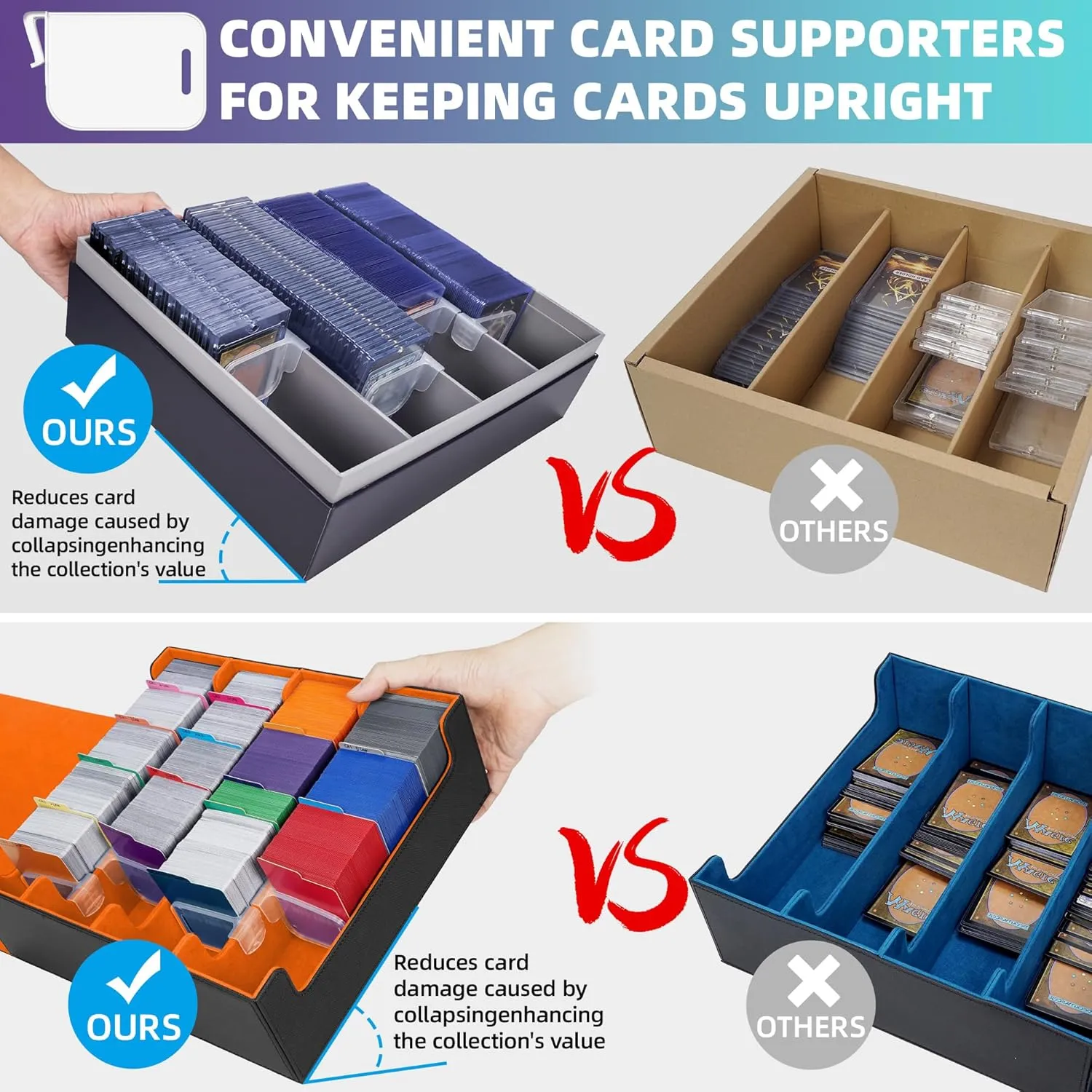 AFIING Trading Card Storage Box 6000  Capacity – DIY Toploader Case w/ 24 Dividers & 8 Supports, Fits 3x4 Rigid Card, Deck Box for MTG TCG Sports Cards– Black & Orange