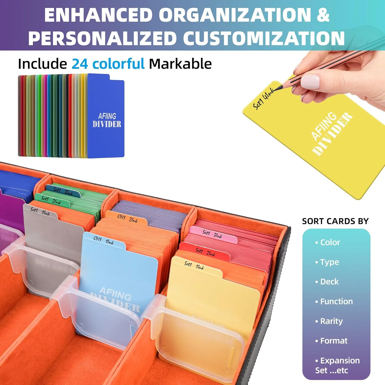 AFIING Trading Card Storage Box 6000  Capacity – DIY Toploader Case w/ 24 Dividers & 8 Supports, Fits 3x4 Rigid Card, Deck Box for MTG TCG Sports Cards– Black & Orange