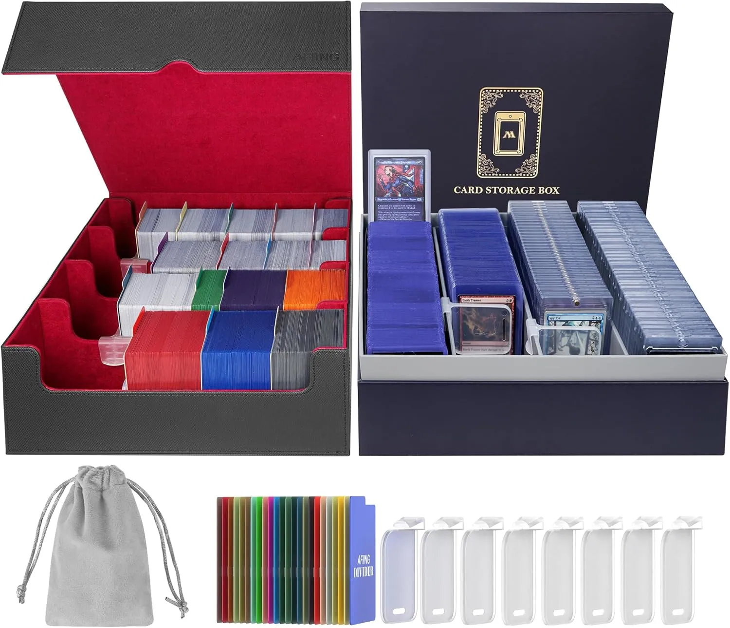 AFIING Trading Card Storage Box 6000  Capacity – DIY Toploader Case w/ 24 Dividers & 8 Supports, Fits 3x4 Rigid Card, Deck Box for MTG TCG Sports Cards– Black & Red