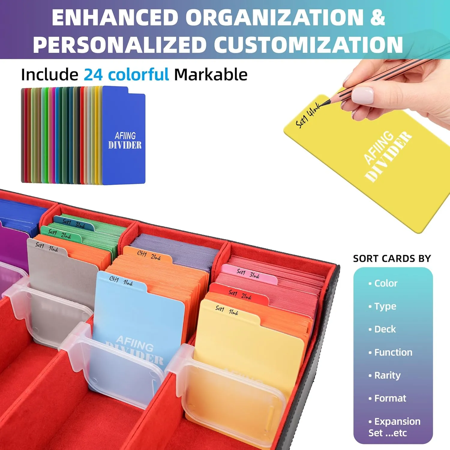 AFIING Trading Card Storage Box 6000  Capacity – DIY Toploader Case w/ 24 Dividers & 8 Supports, Fits 3x4 Rigid Card, Deck Box for MTG TCG Sports Cards– Black & Red