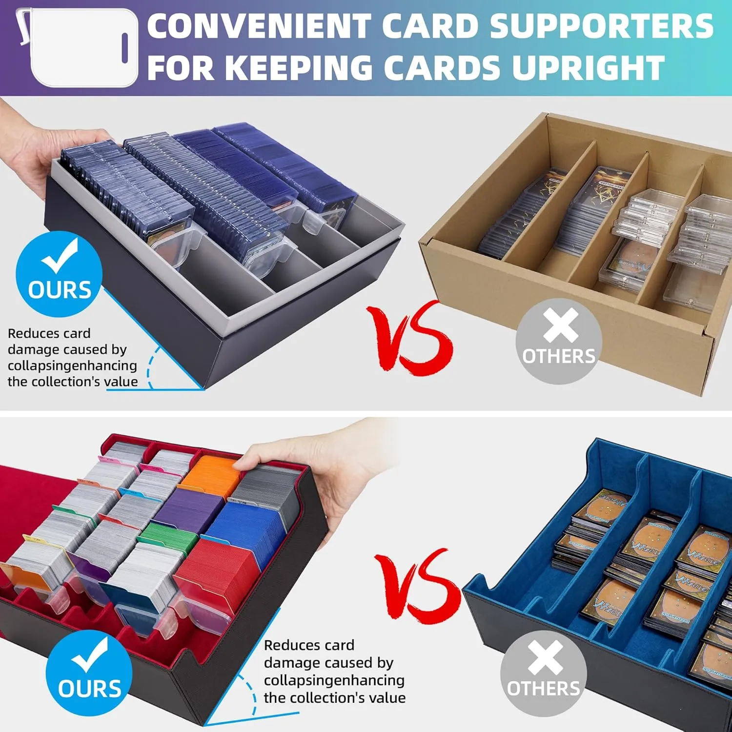 AFIING Trading Card Storage Box 6000  Capacity – DIY Toploader Case w/ 24 Dividers & 8 Supports, Fits 3x4 Rigid Card, Deck Box for MTG TCG Sports Cards– Black & Red