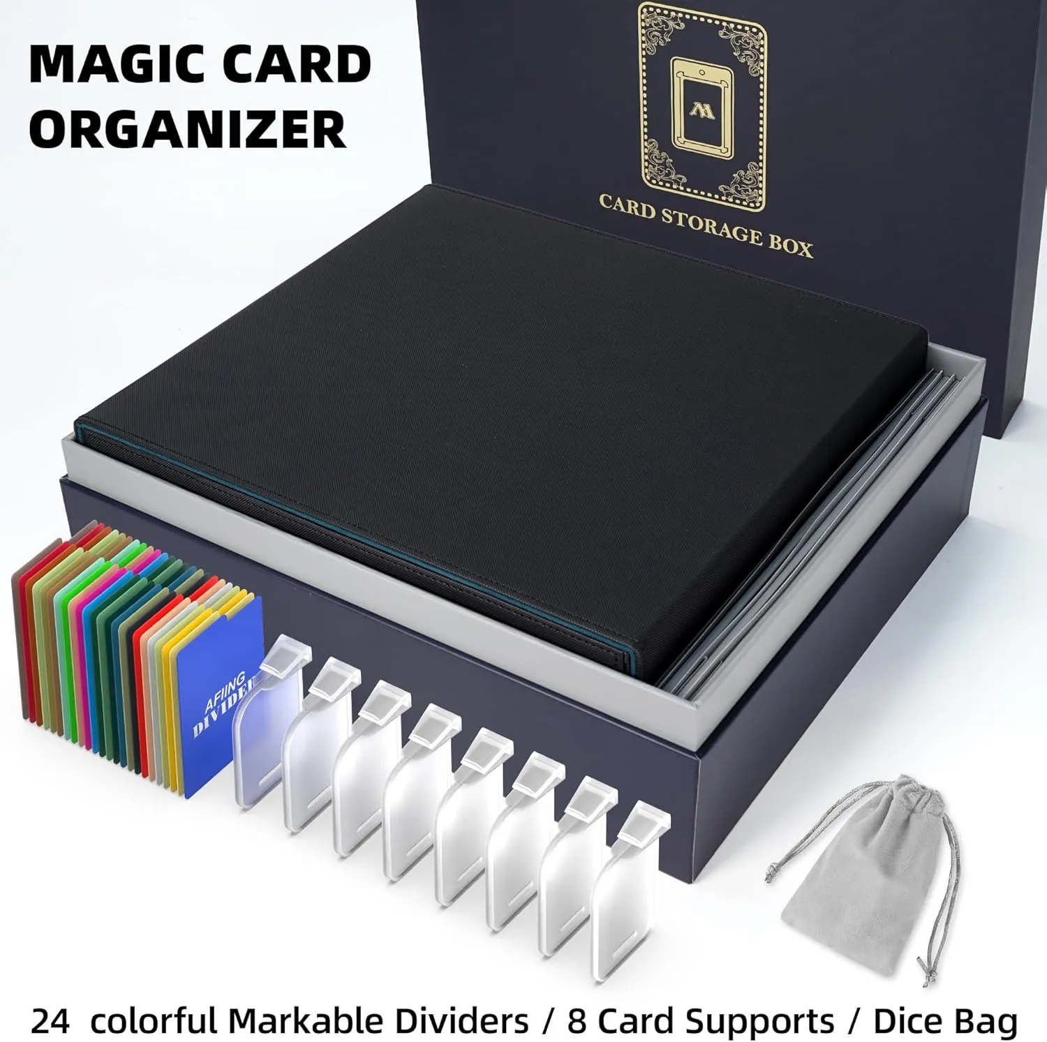 AFIING Trading Card Storage Box 6000  Capacity – DIY Toploader Case w/ 24 Dividers & 8 Supports, Fits 3x4 Rigid Card,Deck Box for MTG TCG Sports Cards– Black & Cyan