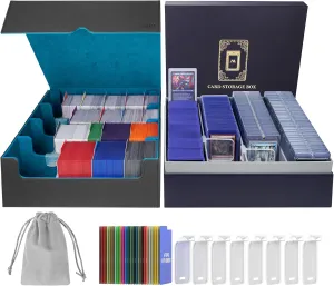 AFIING Trading Card Storage Box 6000  Capacity – DIY Toploader Case w/ 24 Dividers & 8 Supports, Fits 3x4 Rigid Card,Deck Box for MTG TCG Sports Cards– Black & Cyan