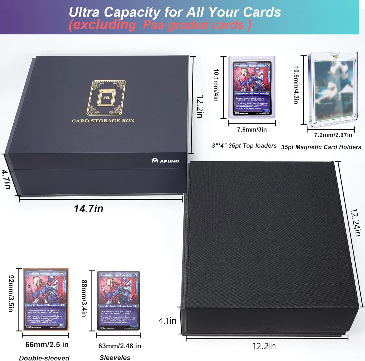 AFIING Trading Card Storage Box 6000  Capacity – DIY Toploader Case w/ 24 Dividers & 8 Supports, Fits 3x4 Rigid Card,Deck Box for MTG TCG Sports Cards– Black & Cyan