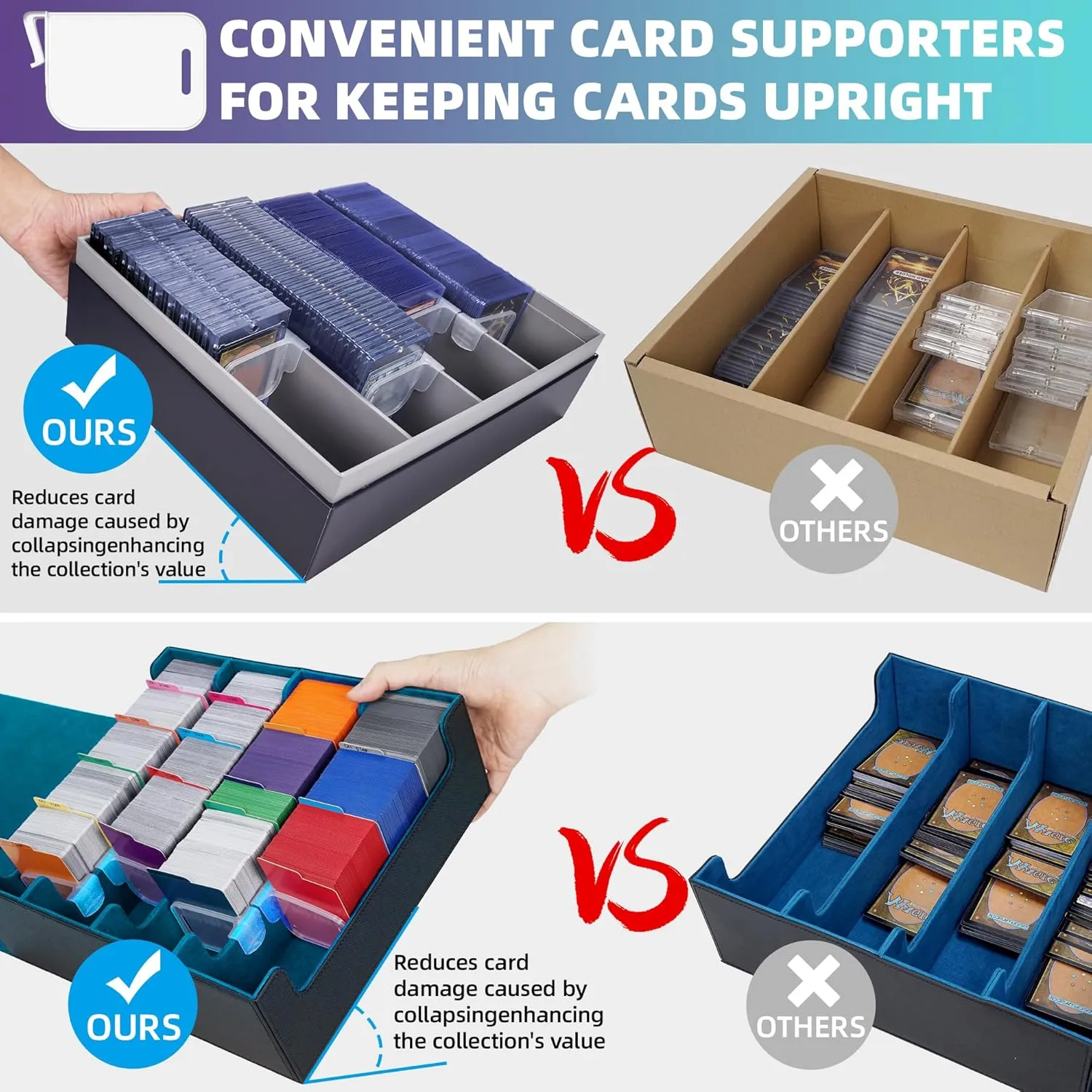 AFIING Trading Card Storage Box 6000  Capacity – DIY Toploader Case w/ 24 Dividers & 8 Supports, Fits 3x4 Rigid Card,Deck Box for MTG TCG Sports Cards– Black & Cyan