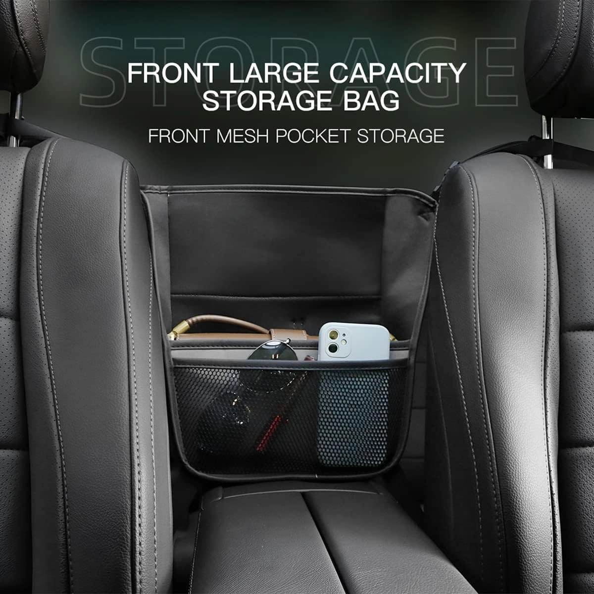 AICEL Car Net Pocket Handbag Holder Between Seats, Purse Holder with Adjustable Buckle Strap, Large Capacity Storage Organizer Mesh Bag Barrier in Front Seat Center Console, Car Accessories (Gray)