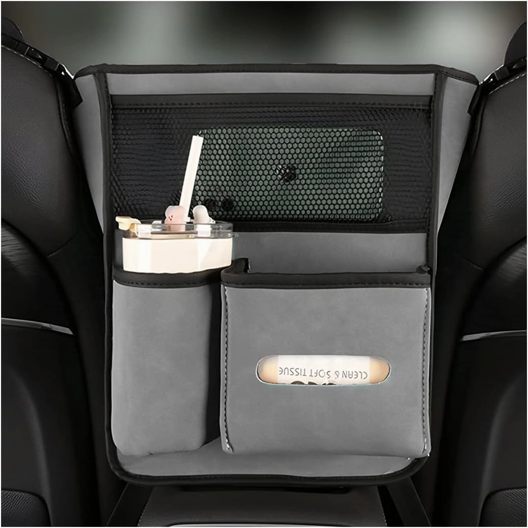 AICEL Car Net Pocket Handbag Holder Between Seats, Purse Holder with Adjustable Buckle Strap, Large Capacity Storage Organizer Mesh Bag Barrier in Front Seat Center Console, Car Accessories (Gray)