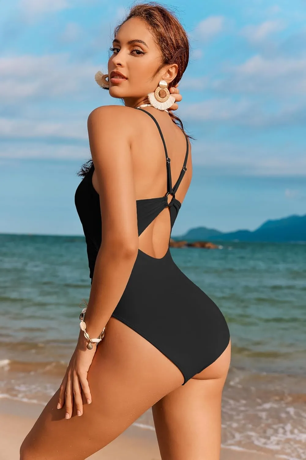 AI'MAGE Women's One Piece Swimsuits Tummy Control Bathing Suits Cutout High Cut Ruched Adjustable Strap Swimwear with O Ring