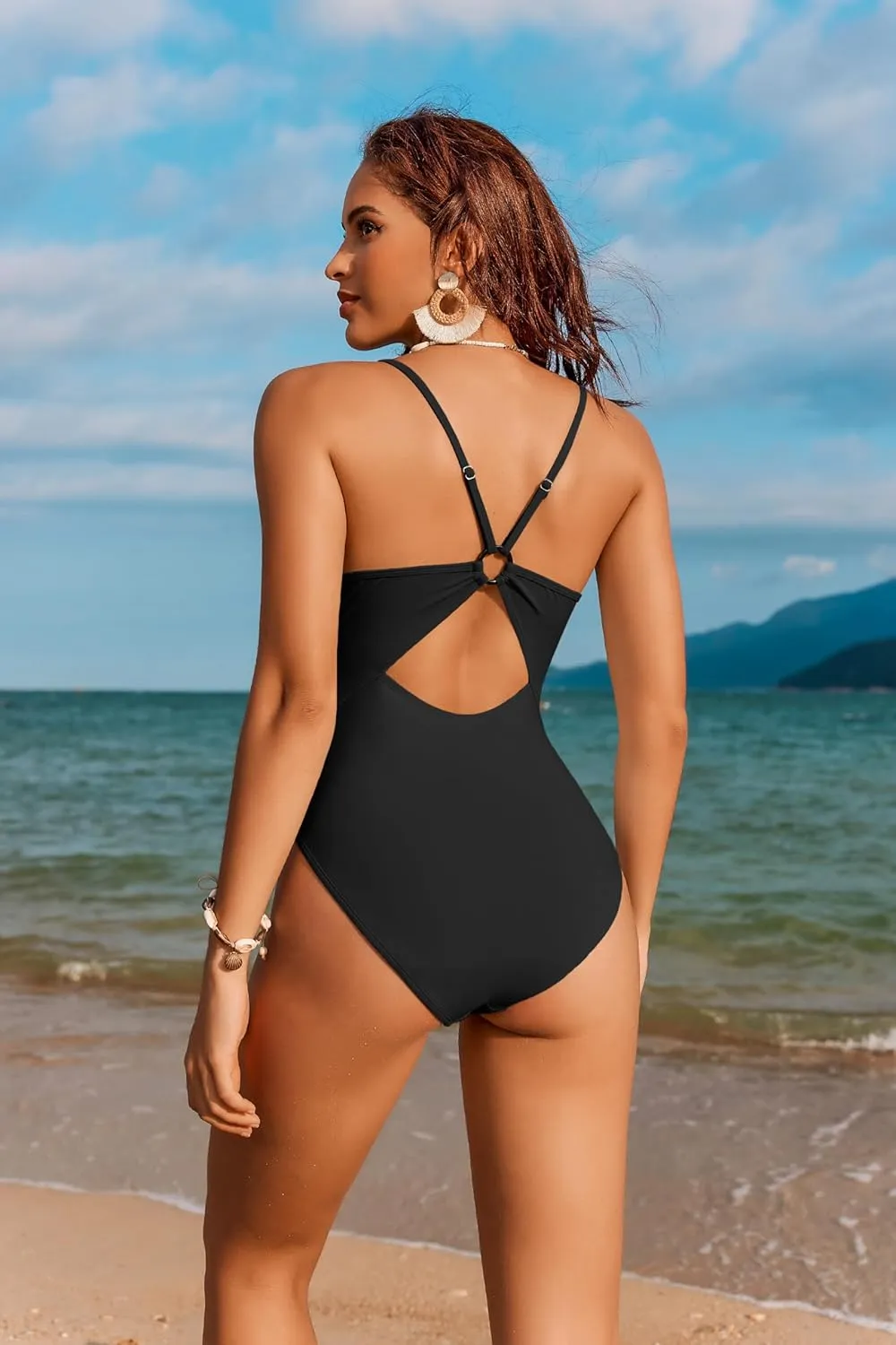 AI'MAGE Women's One Piece Swimsuits Tummy Control Bathing Suits Cutout High Cut Ruched Adjustable Strap Swimwear with O Ring