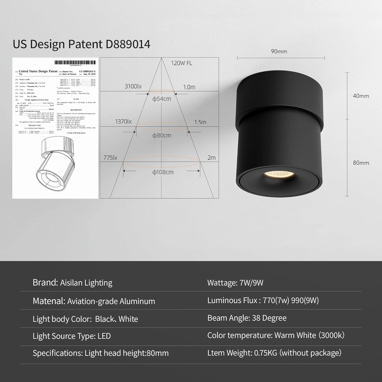Aisilan Black LED Ceiling Spot Lights Indoor 2 Pack - Upgrade Your Living Room or Bedroom with Adjustable Modern Wall Spot Light, 9W White Directional Accent Light, Warm White CRI 97
