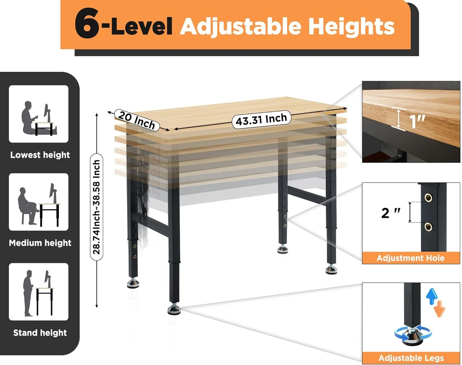 Albott Adjustable Workbench, 28.7-38.6" Height, Rubber Wood Top, Heavy-Duty Design with Power Outlets & Hooks, 2000 LB Capacity for Garage, Workshop, Home, or Office