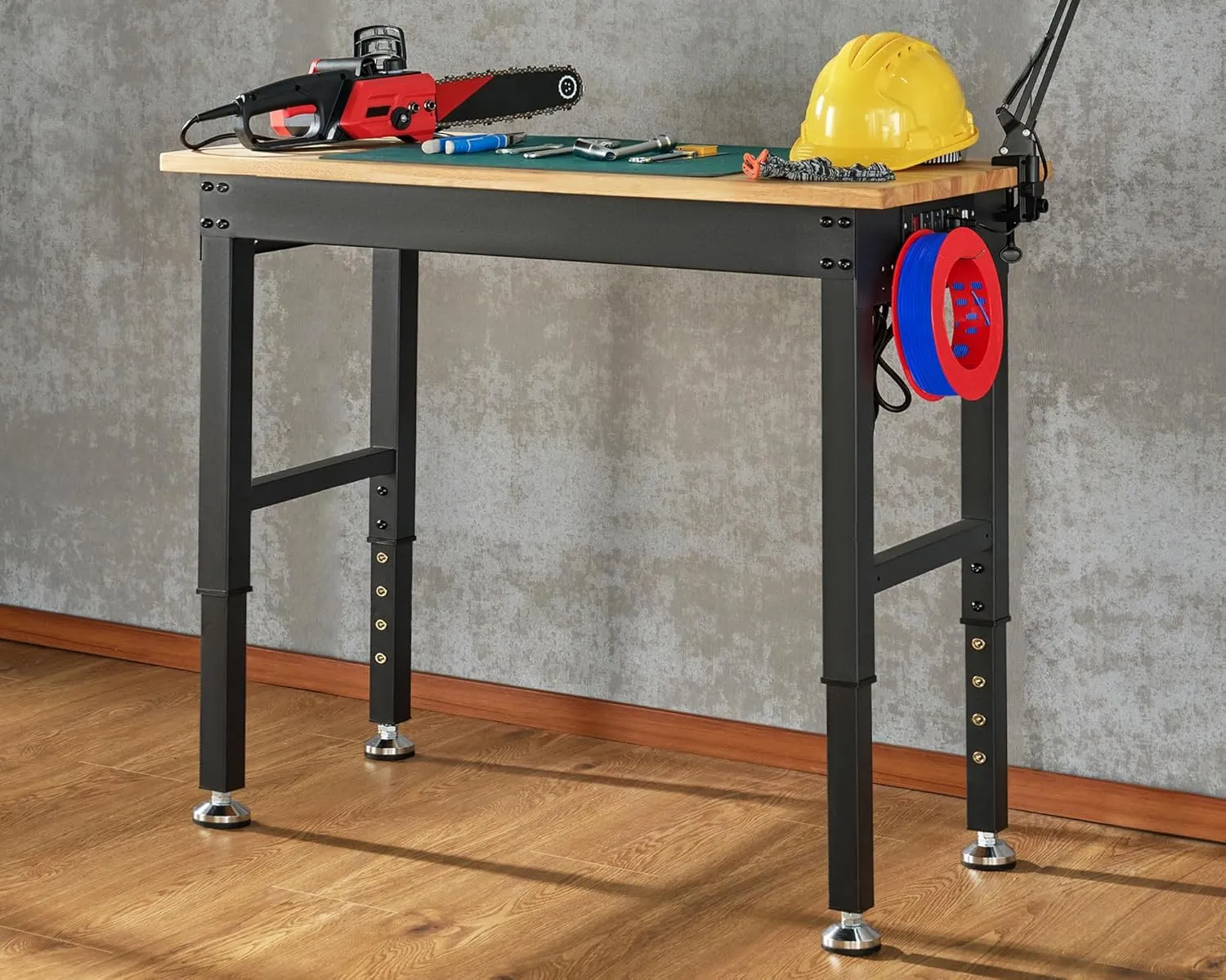 Albott Adjustable Workbench, 28.7-38.6" Height, Rubber Wood Top, Heavy-Duty Design with Power Outlets & Hooks, 2000 LB Capacity for Garage, Workshop, Home, or Office