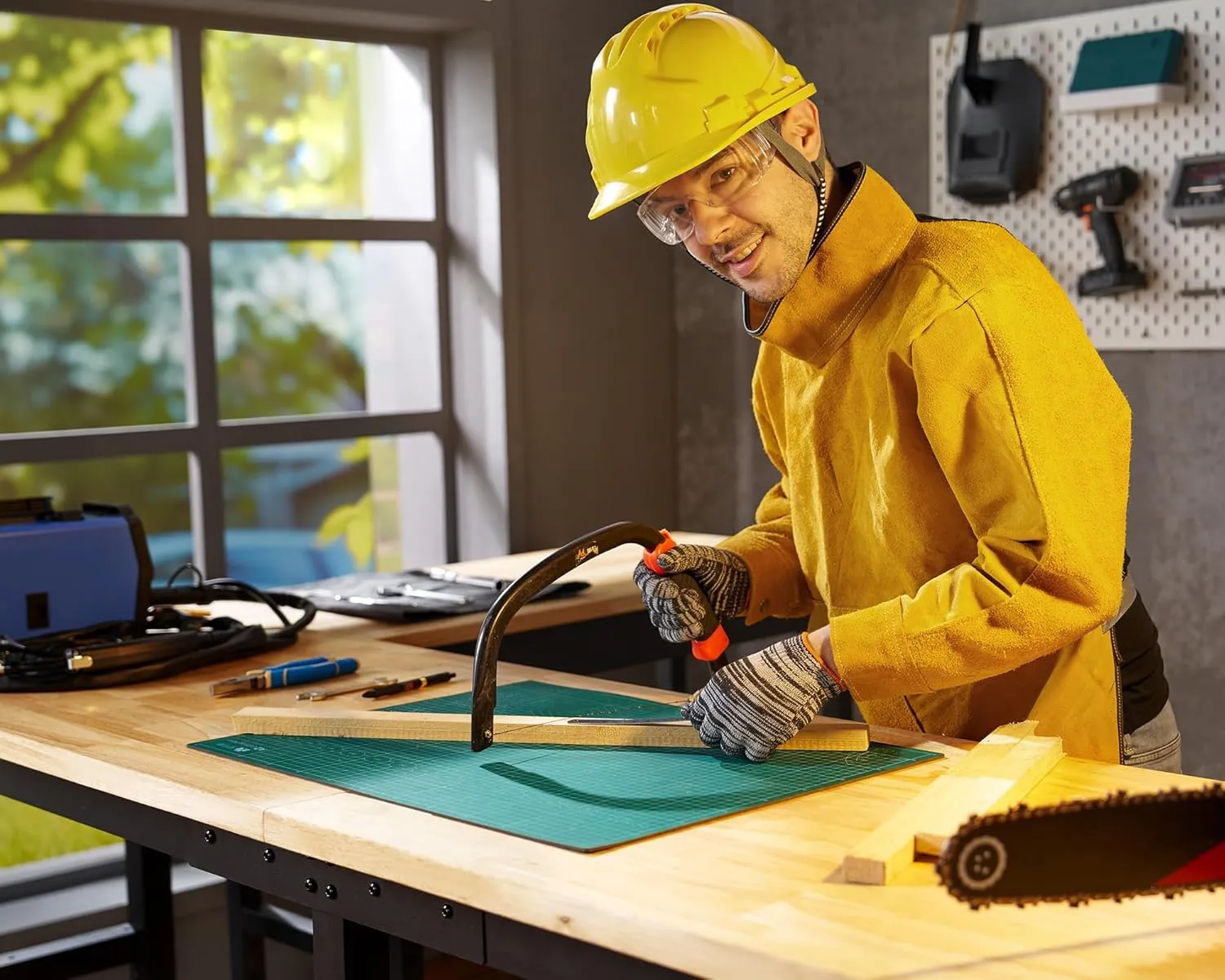 Albott Adjustable Workbench, 28.7-38.6" Height, Rubber Wood Top, Heavy-Duty Design with Power Outlets & Hooks, 2000 LB Capacity for Garage, Workshop, Home, or Office