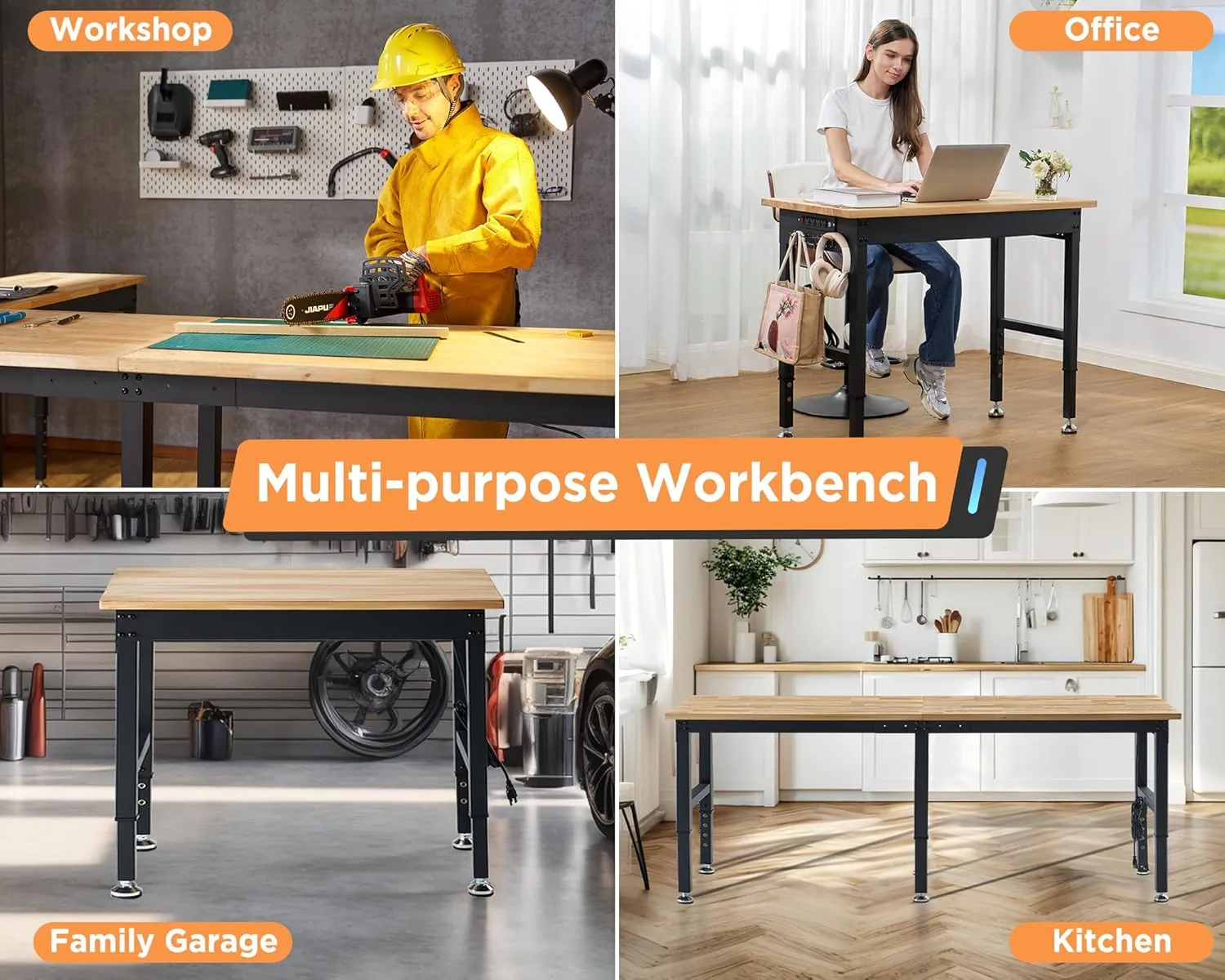 Albott Adjustable Workbench, 28.7-38.6" Height, Rubber Wood Top, Heavy-Duty Design with Power Outlets & Hooks, 2000 LB Capacity for Garage, Workshop, Home, or Office