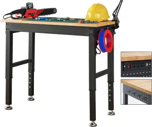Albott Adjustable Workbench, 28.7-38.6" Height, Rubber Wood Top, Heavy-Duty Design with Power Outlets & Hooks, 2000 LB Capacity for Garage, Workshop, Home, or Office