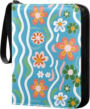 album card card keepsake album with double sided removable sleeves collectors for 400 cards Colorful Flowers Wavy Lines Blue