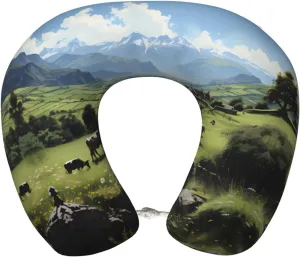 Alpine Farm Cows Print Memory Foam Travel Pillow – Comfortable U-Shape Neck Support for Long Distance Flights, and Road Trips