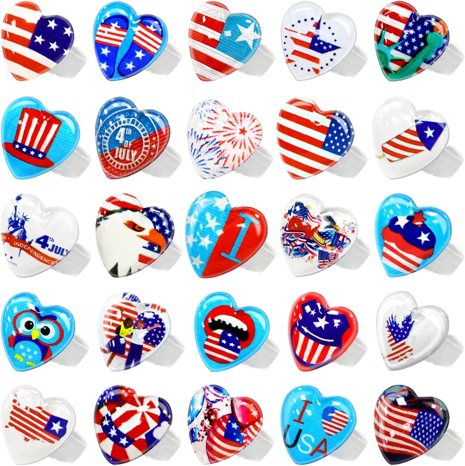 AMENON 28 Pack 4th of July Party Favors Accessories LED Light Up Rings, Different Patterns Red White and Blue Patriotic Glow Toys for Kids Women Men Independence Day