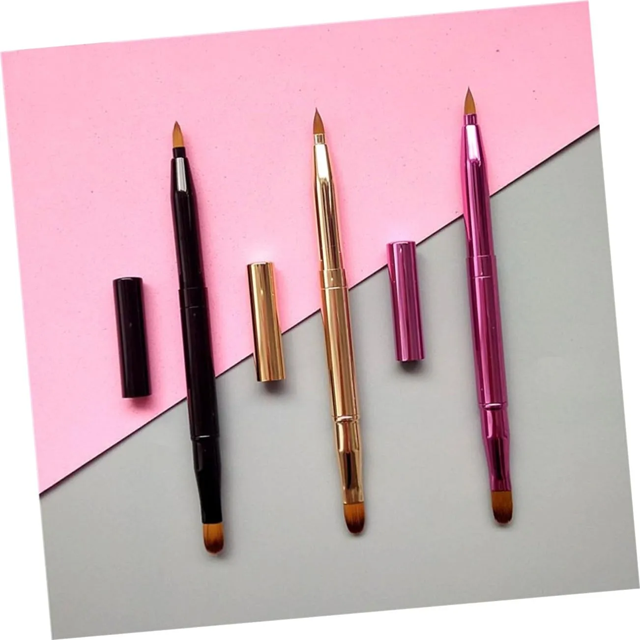 Angoily 2sets Double Headed Makeup Brush Set Retractable Lip Brushes for Lipstick Lip Gloss Black Purple Easy to Clean 3pcs*2