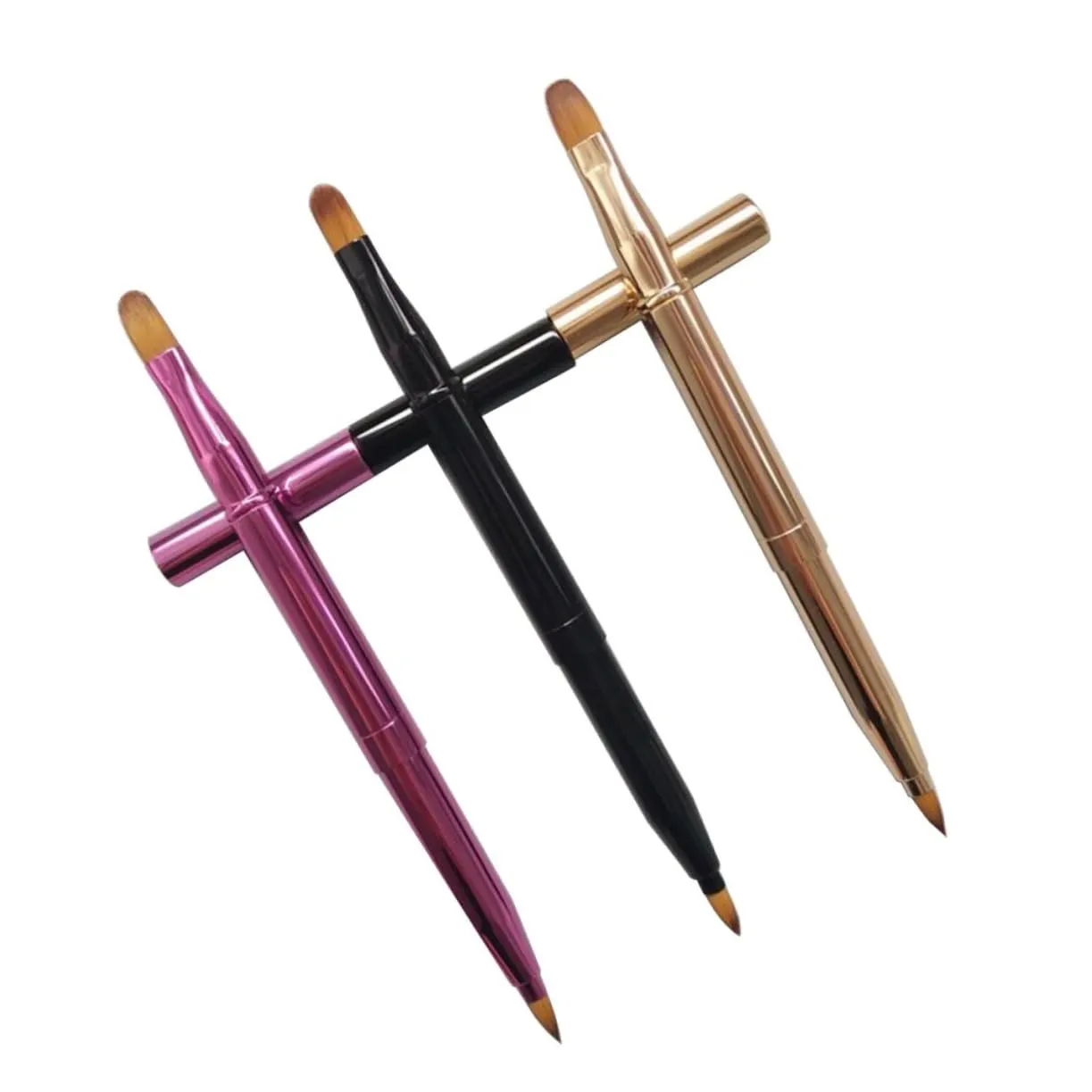 Angoily 2sets Double Headed Makeup Brush Set Retractable Lip Brushes for Lipstick Lip Gloss Black Purple Easy to Clean 3pcs*2
